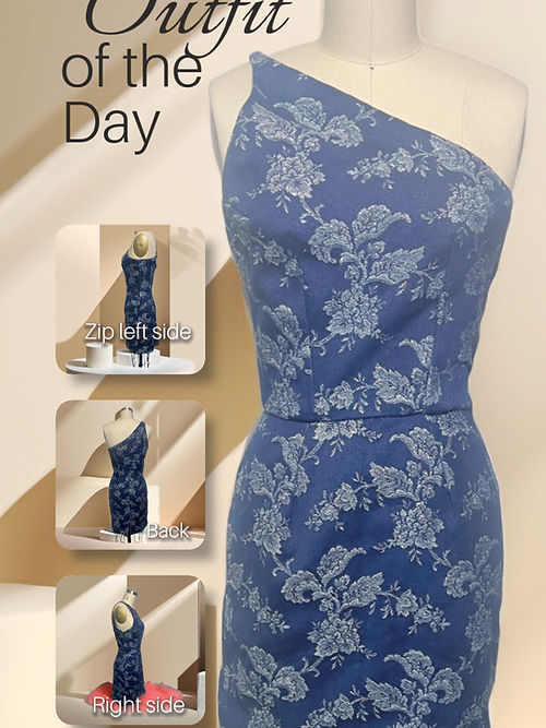 Asymmetric denim brocade dress