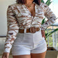 European and American Print Stand Collar Long Sleeve Shirt