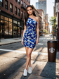 Asymmetric denim brocade dress