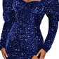 Sequin Backless Padded Shoulder Bubble Sleeve Party Dresses For Women